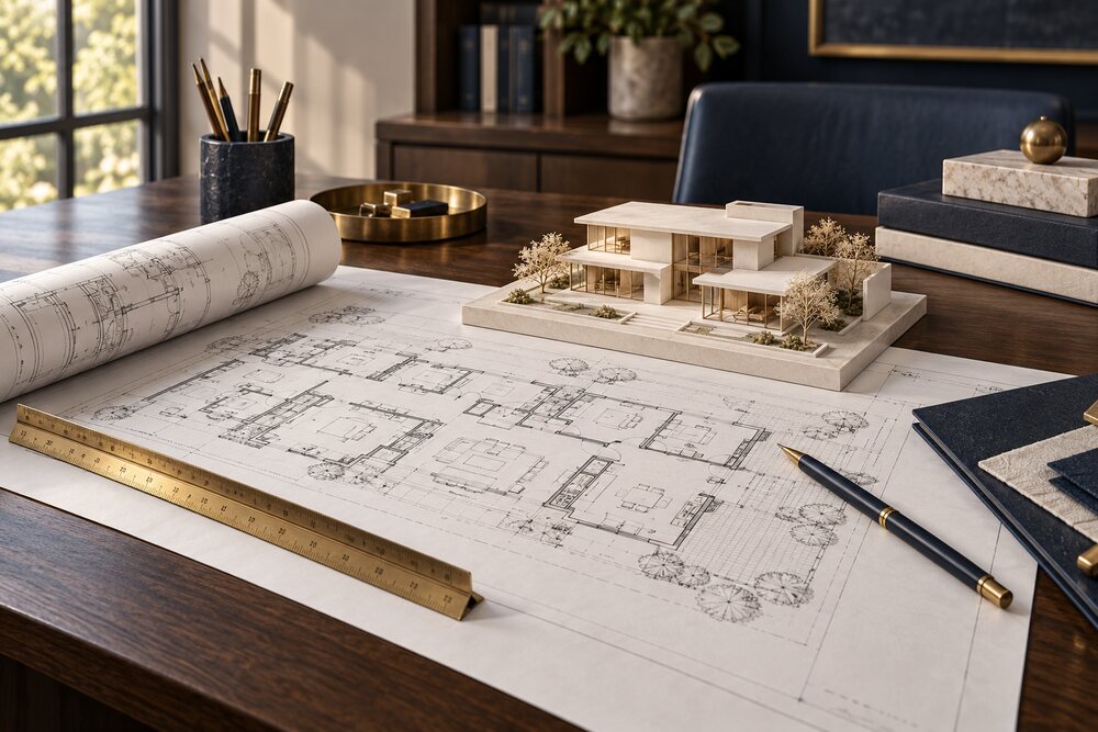 Maqueta arquitectónica y planos sobre un escritorio